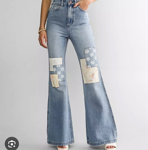 Wrangler X Billabong Blue Patchwork Jeans Super Flare Size 29 - Picture 1 of 8